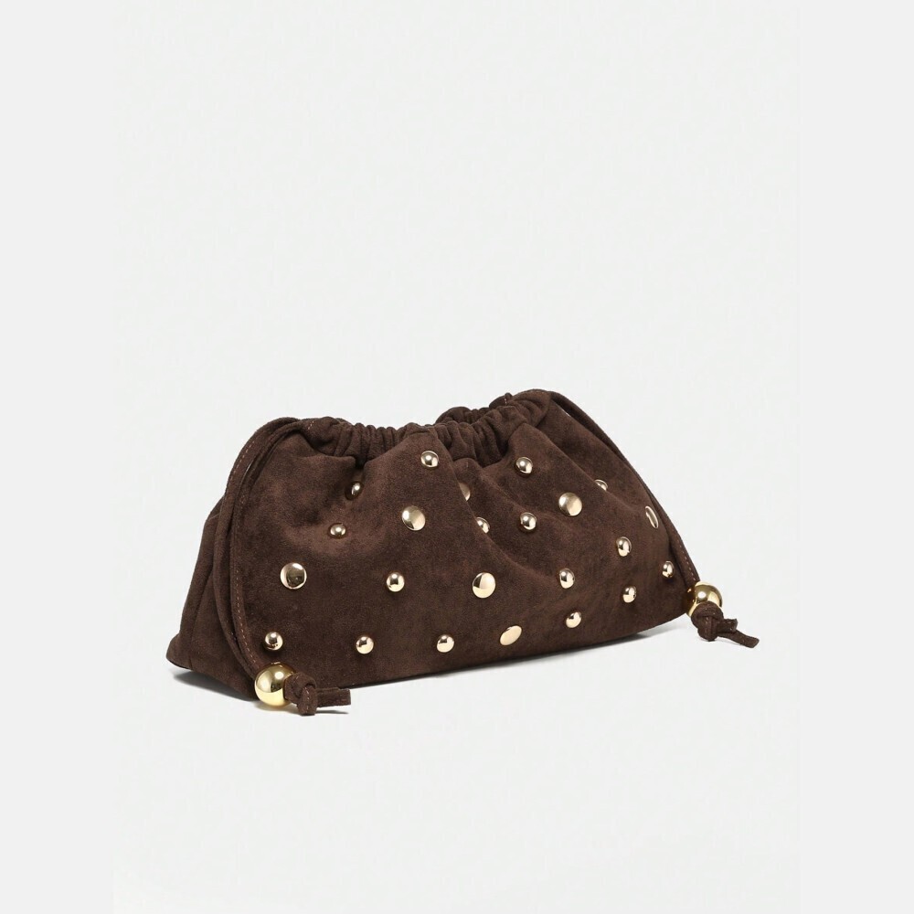 Brown Faux Suede Gold Studded Slouchy Clutch Bag